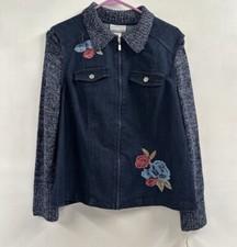 Alfred Dunner Denim Jacket Women's 8P Floral Embroidered Knit Cotton New With T
