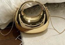 Mini Metallic Gold Oval Top Handle Crossbody Bag w/ Chain Strap