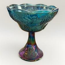 Vintage Indiana Blue Carnival Glass Harvest Grape Pedestal Compote Bowl Candy