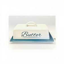 Covered Ceramic Butter Dish - White & Teal, 7.75” Long EUC