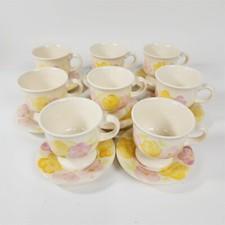 8 Vintage Franciscan Garden Party Pink Yellow Floral Footed Tea Cups & Saucers