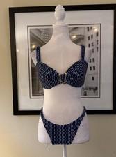 Seamolly Navy Polka Dot Bikini Set Women’s Size L Gold Buckle Tie Back High Cut