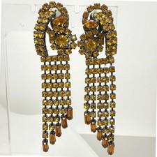 Vintage Rhinestone Fringe Clip On Earrings Japanned 3" Statement Dangle