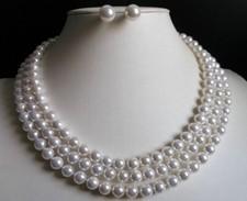 3 Rows 8mm White South Sea Freshwater Shell Pearl Necklace Earrings Set 17-19''