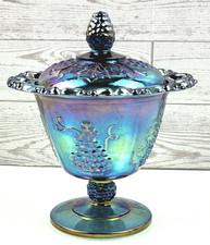 Indiana Glass Blue Carnival Harvest Grape Lidded Pedestal Compote Candy Dish