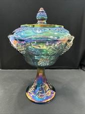 Indiana Glass Blue Carnival Harvest Grapes Covered Pedestal Compote Candy Dish