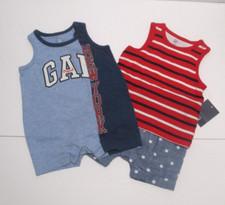 2 INFANT BOYS BABY GAP NEW RED WHITE BLUE LOGO SHORTALL OUTFITS SIZE 0-3 MONTHS