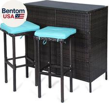 3 Piece Patio Bar Set,Patio Wicker Bar Furniture with 2 Storage Shelves, Glass T