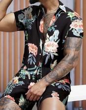 Men's Black Multicolor Floral 2-Piece Shirt & Shorts Set, Collared, Summer