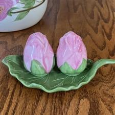 Franciscan Desert Rose Salt and Pepper Shakers with Cracker Barrel Ceramic Leaf
