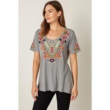 Johnny Was Los Angeles Joy Love Light Embroidered Floral Top Tunic Gray S