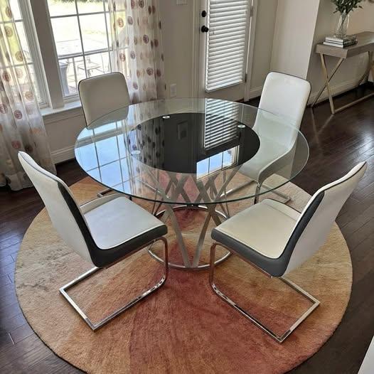 Modern 5-Piece Round Glass Dining Set - 53" Table & 4 Chairs